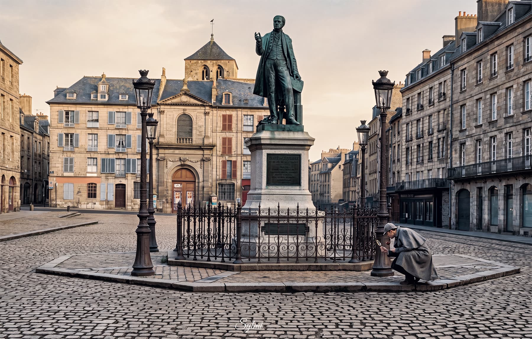 Sherlock Holmes agenouillé au pied de la statue d'Élie de Beaumont, place Saint-Sauveur, Caen 1888, tirage Fine Art Sylmi